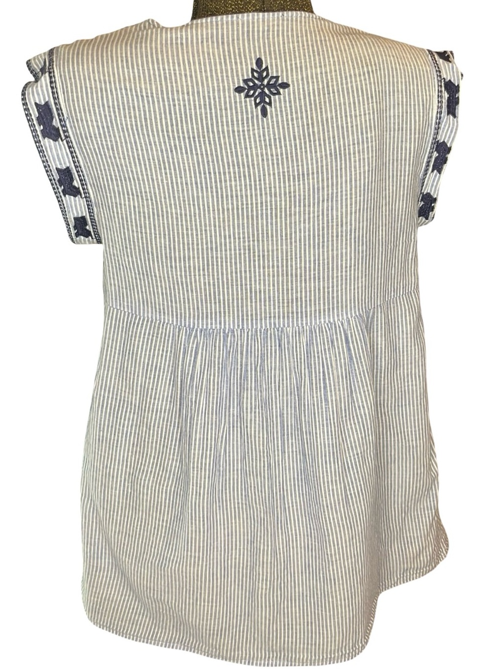 THML Embroidered Striped Boho Tunic Top Sz M Blue White Anthropologie Style - Picture 5 of 10